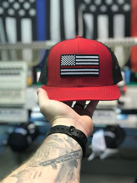 Flexfit American Flag Red Line Flex Fit Hat – Black Twill – Men's Baseball Cap